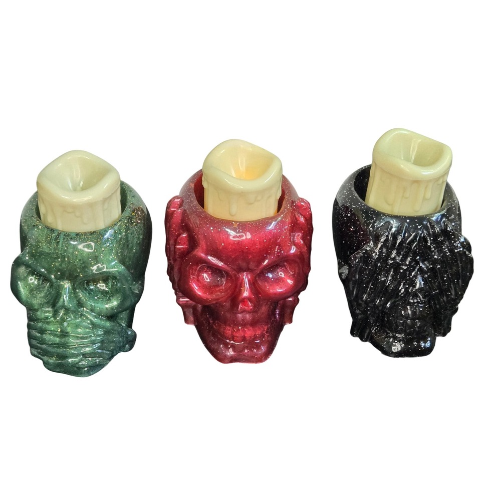7B ResinArt Skull Candle Holder Set Hear See Speak No Evil Resin Glitter 3pc